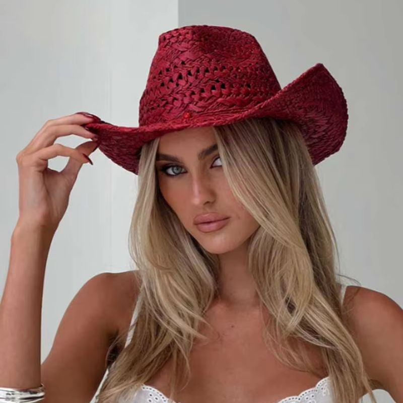 Cowboy Hat Straw - قبعة رعاة البقر حمراء مرسومة باليد